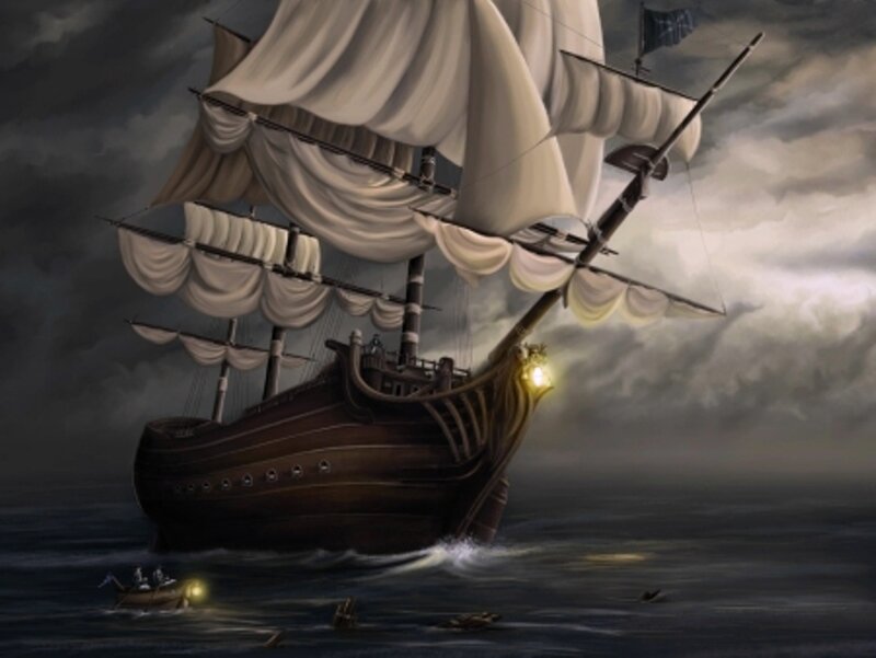 Sailing Ship in Storm — Gray, Dramatic, Night, Digital Art, Boat, Sea, Clouds
