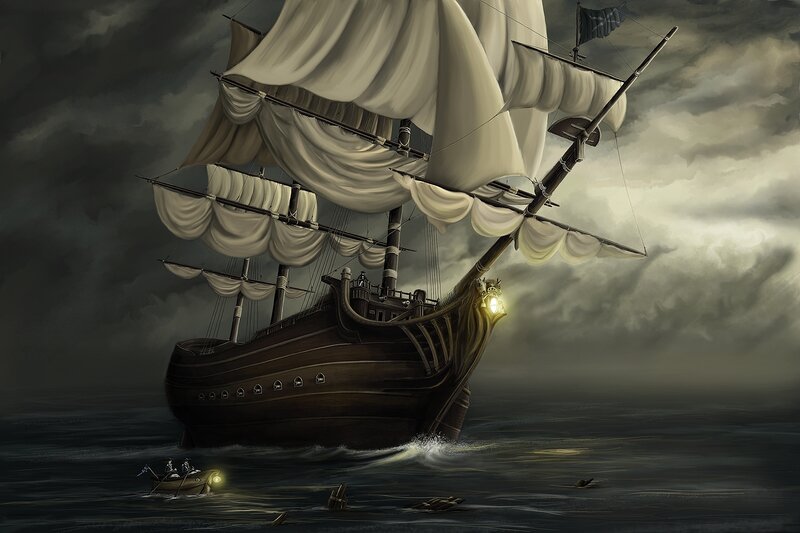 Sailing Ship in Storm — Gray, Dramatic, Night, Digital Art, Boat