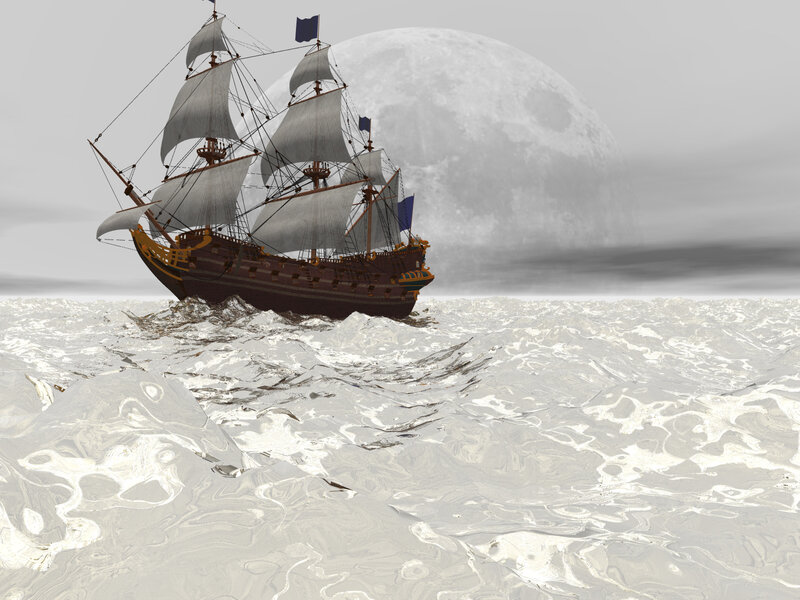Sailing Ship in Storm — Gray, Dramatic, Night, Digital Art, Moon