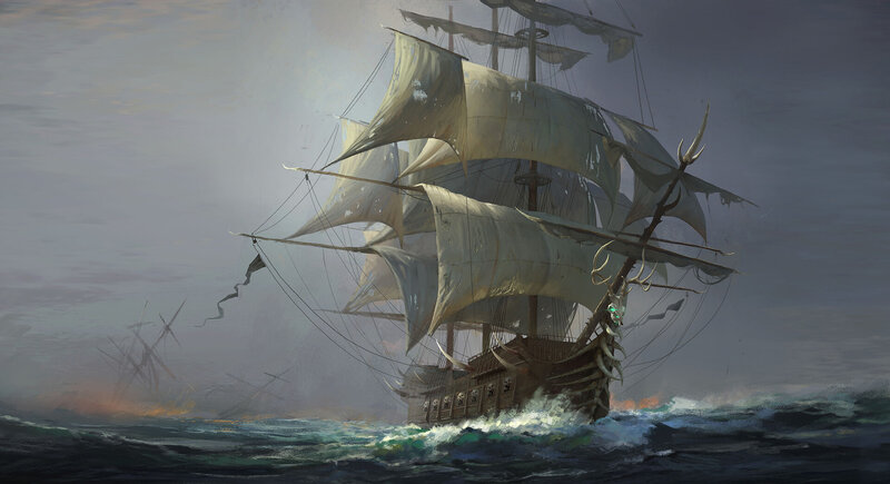 Sailing Ship in Storm — Gray, Dramatic, Night, Digital Art, Ocean, Shipwreck