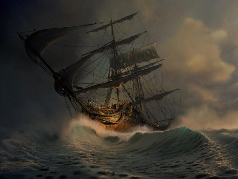 Sailing Ship in Storm — Gray, Dramatic, Night, Digital Art, Ocean