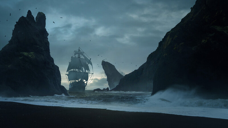 Sailing Ship in Storm — Gray, Dramatic, Night, Digital Art, Rocks