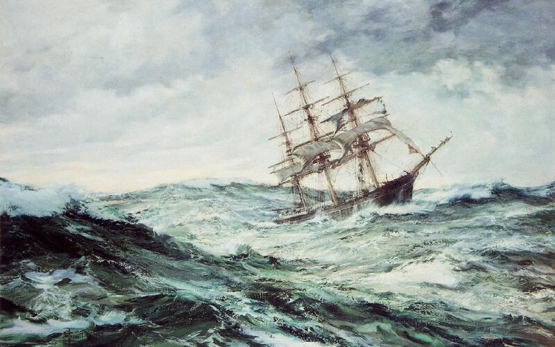 Sailing Ship in Storm — Gray, Dramatic, Painting, Ocean, Clouds