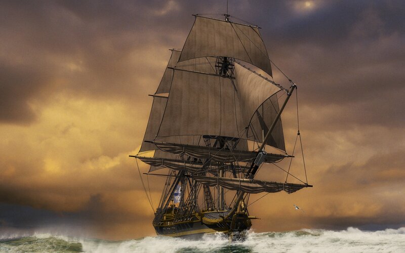 Sailing Ship in Storm — Gray, Dramatic, Sunset, Digital Art, Ocean