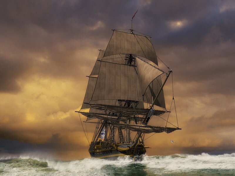 Sailing Ship in Storm — Gray, Dramatic, Sunset, Digital Art