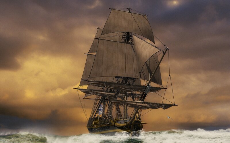Sailing Ship in Storm — Gray, Dramatic, Sunset