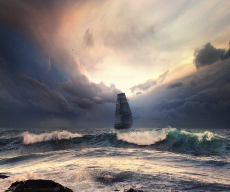 Sailing Ship in Storm — Gray, Dramatic