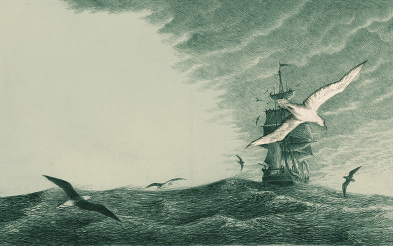 Sailing Ship in Storm — Green, Dramatic, Illustration