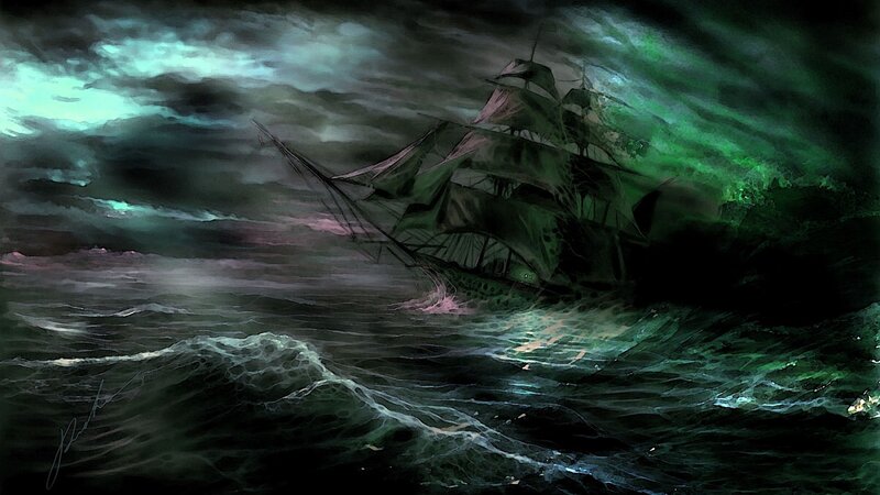 Sailing Ship in Storm — Green, Dramatic, Night, Digital Art, Ocean