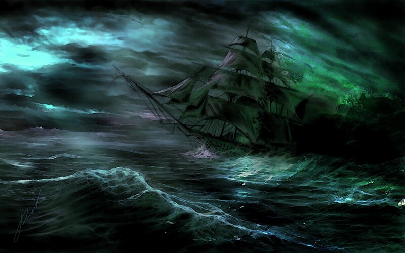 Sailing Ship in Storm — Green, Dramatic, Night, Digital Art