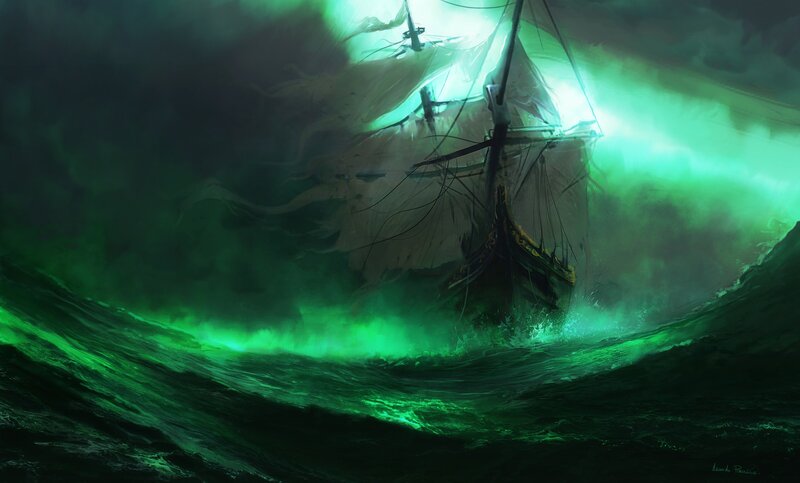 Sailing Ship in Storm — Green, Dramatic, Night, Digital Art, Waves