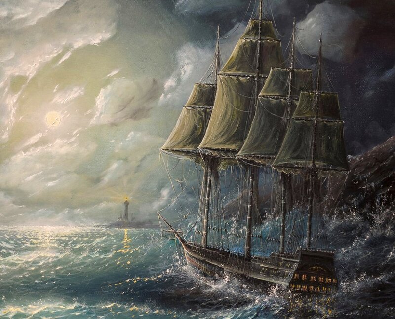 Sailing Ship in Storm — Green, Dramatic, Night, Painting