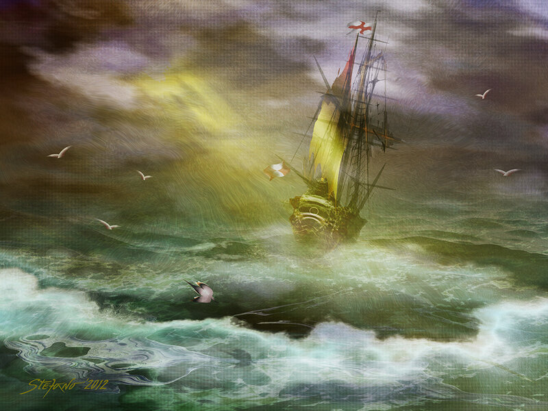 Sailing Ship in Storm — Green, Dramatic, Night