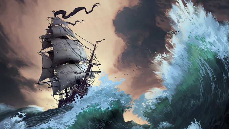 Sailing Ship in Storm — Green, Dramatic, Sunset, Digital Art