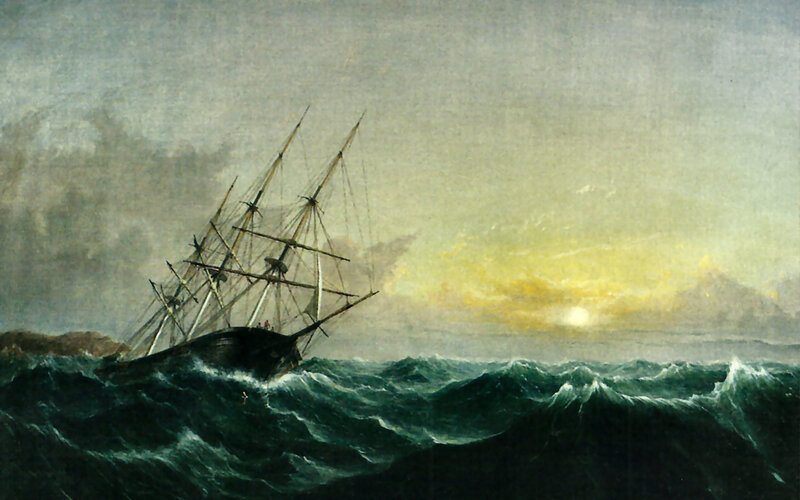 Sailing Ship in Storm — Green, Dramatic, Sunset, Painting