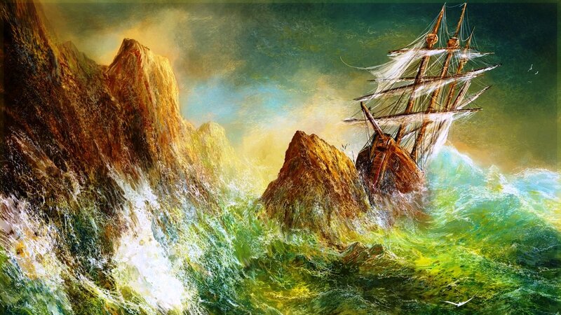 Sailing Ship in Storm — Green, Dramatic, Sunset