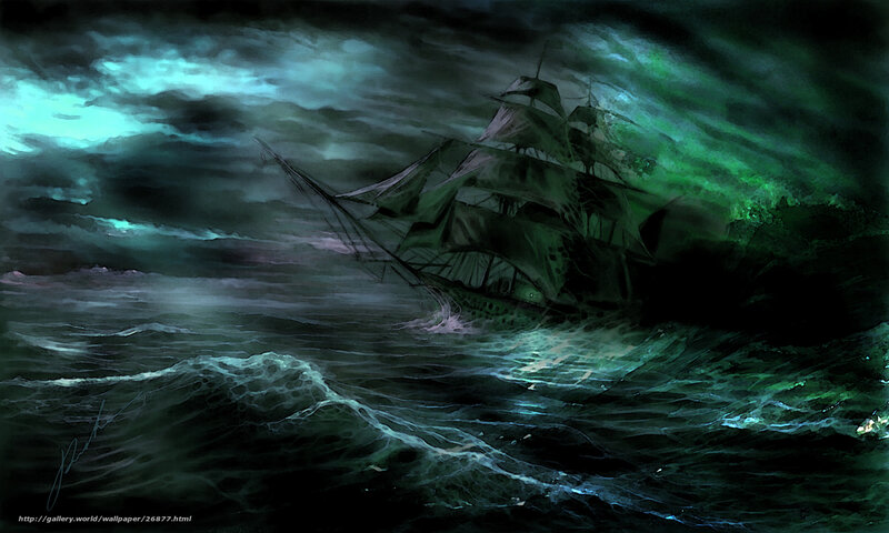 Sailing Ship in Storm — Green, Dramatic