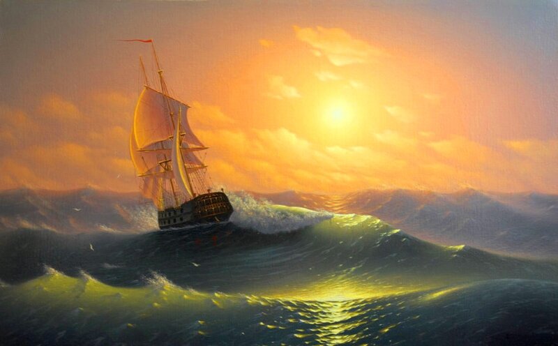 Sailing Ship in Storm — Orange, Dramatic, Sunset, Painting