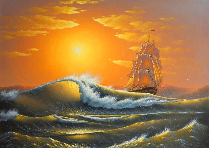 Sailing Ship in Storm — Orange, Dramatic, Sunset