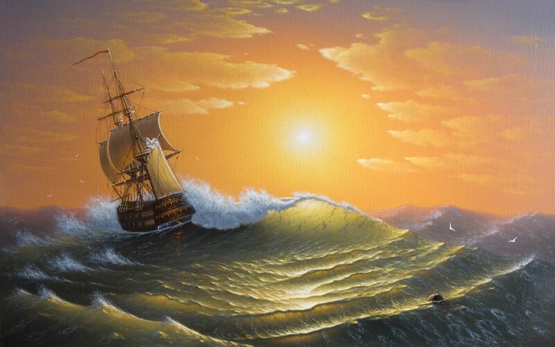 Sailing Ship in Storm — Orange, Dramatic