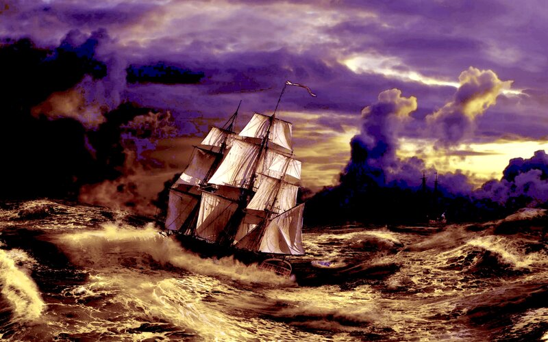 Sailing Ship in Storm — Purple, Dramatic, Night