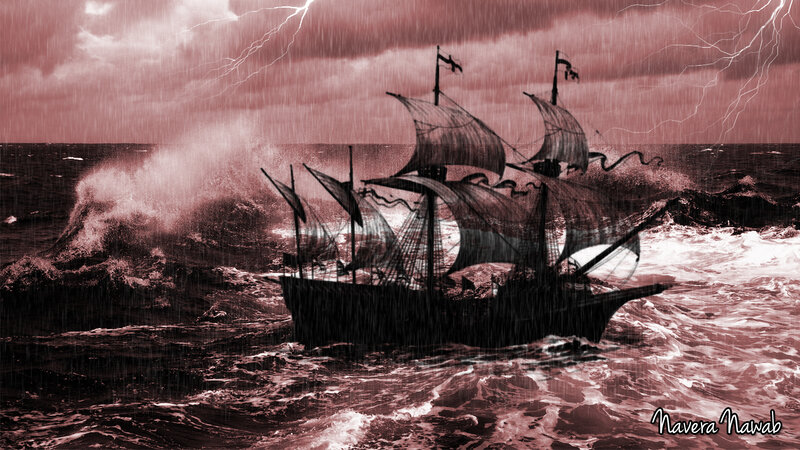 Sailing Ship in Storm — Red, Dramatic