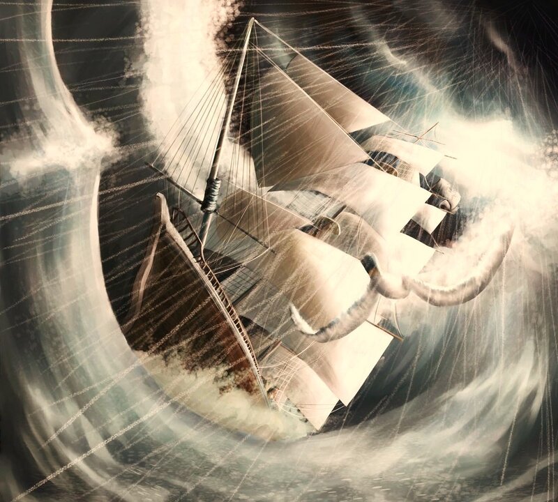 Sailing Ship in Storm — White, Dramatic