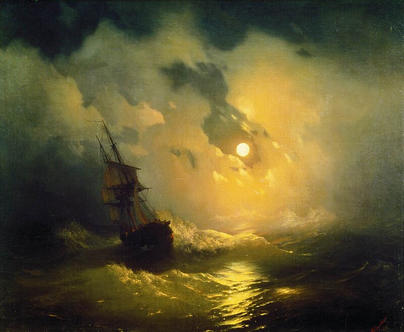 Sailing Ship in Storm — Yellow, Dramatic, Night