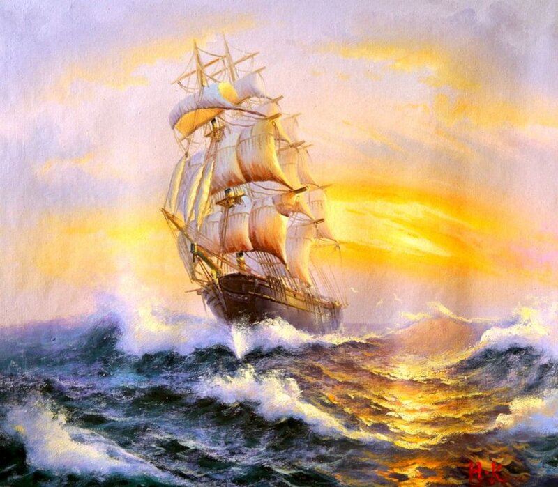 Sailing Ship in Storm — Yellow, Dramatic, Sunset, Painting, Ocean