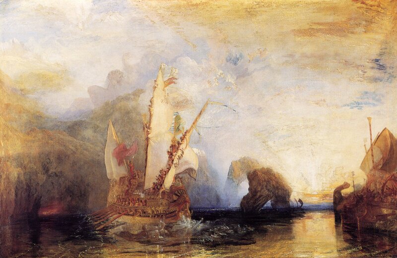 Sailing Ship in Storm — Yellow, Dramatic, Sunset, Painting, Sea
