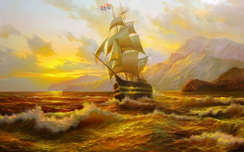 Sailing Ship in Storm — Yellow, Dramatic, Sunset, Painting