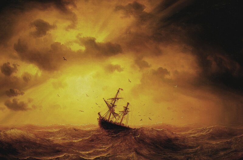 Sailing Ship in Storm — Yellow, Dramatic, Sunset