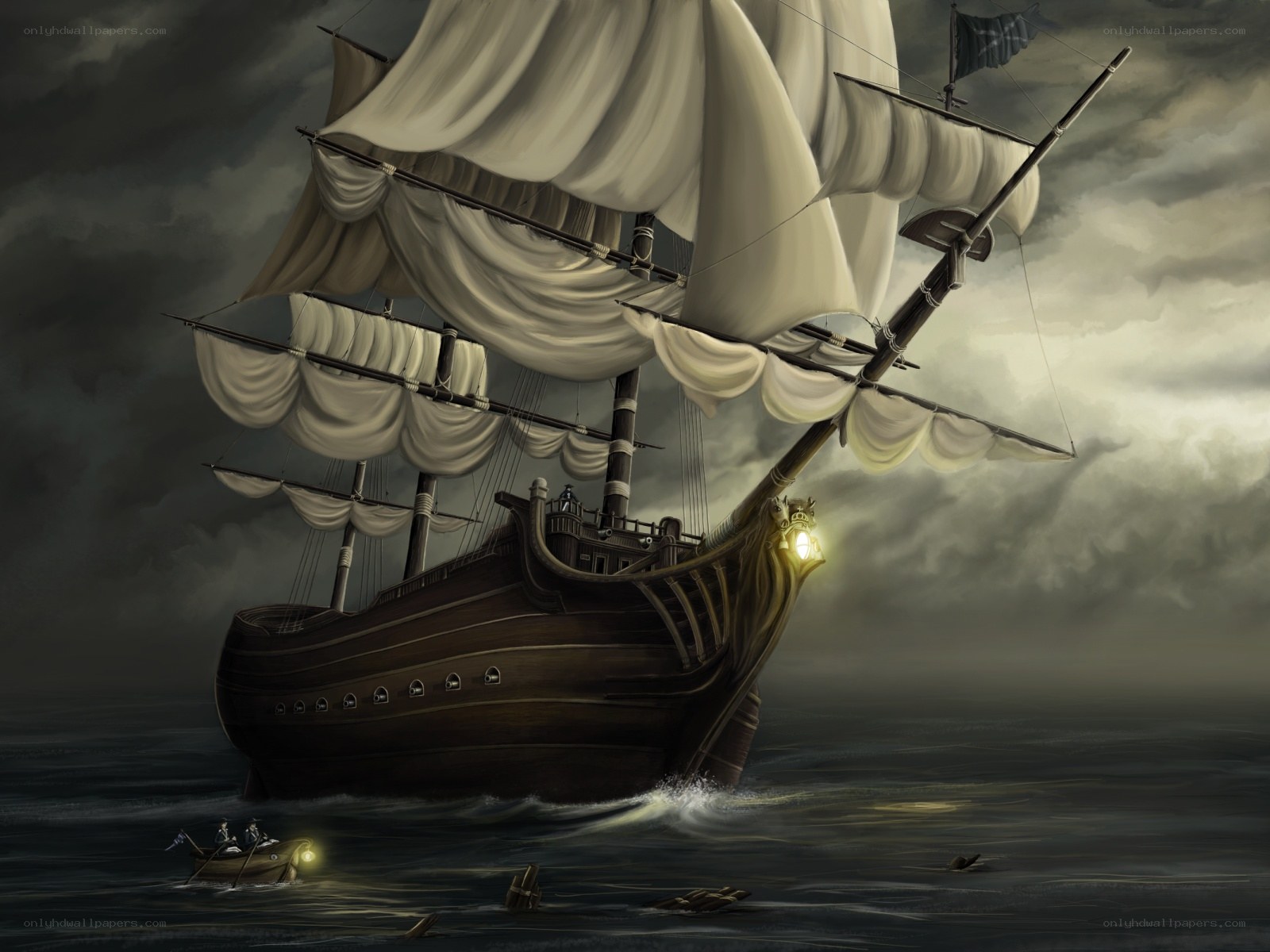 Sailing ship in stormy sea
