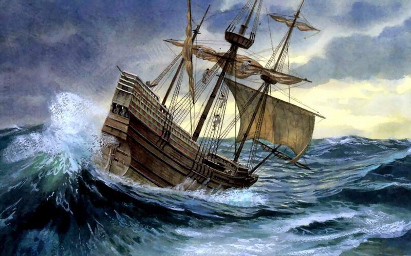 Sailing ship in stormy sea