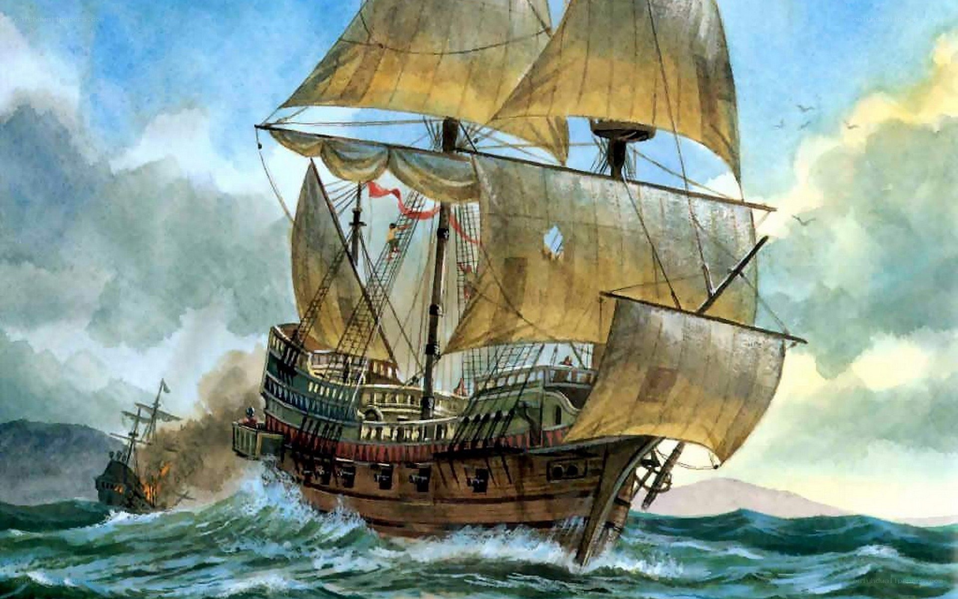 Sailing ship in stormy sea