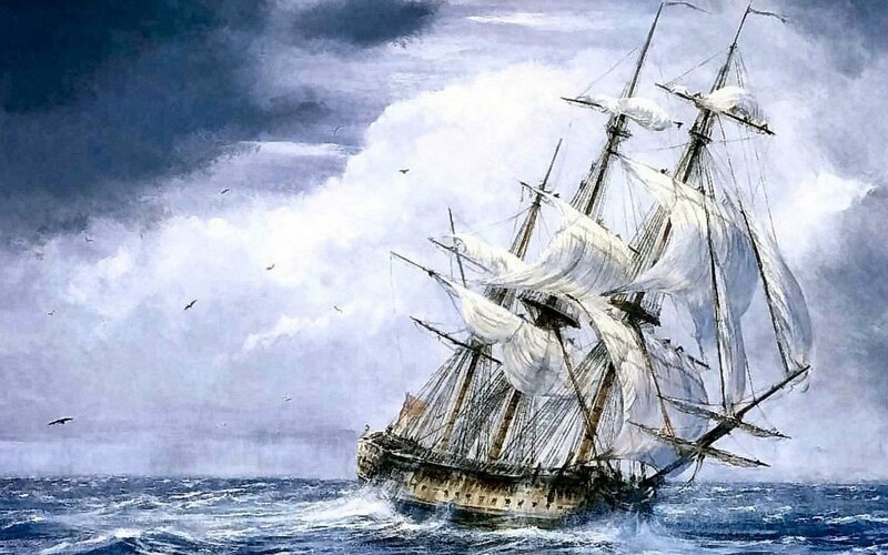 Sailing ship in stormy sea