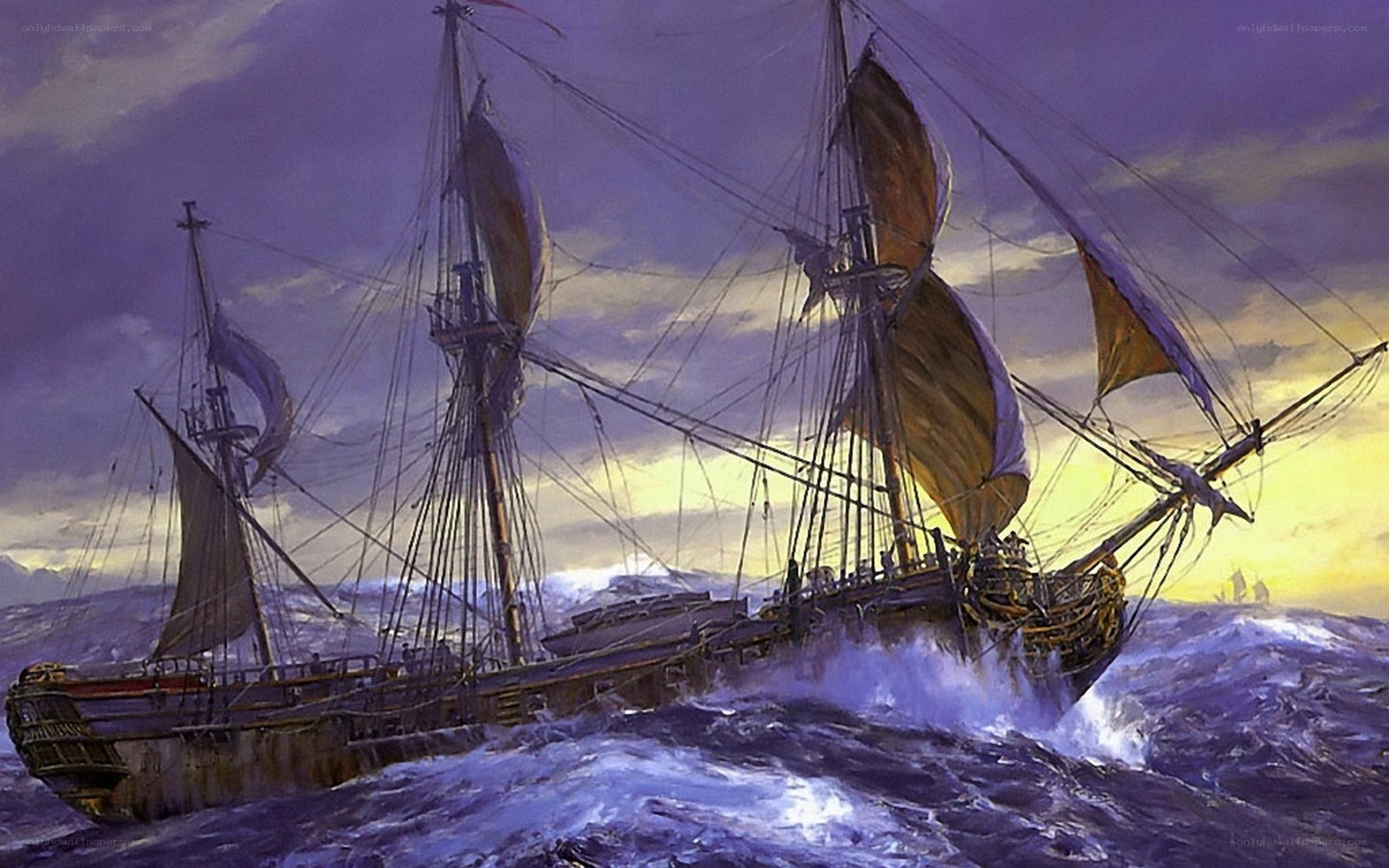 Sailing ship in stormy sea