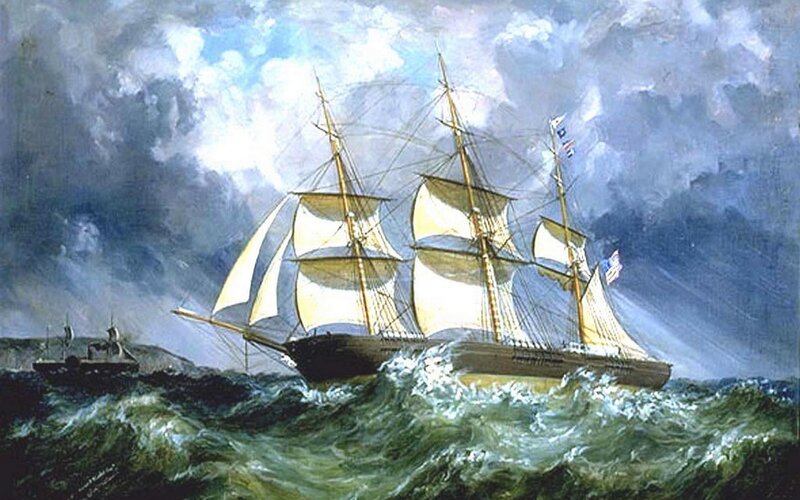 Sailing ship in stormy sea