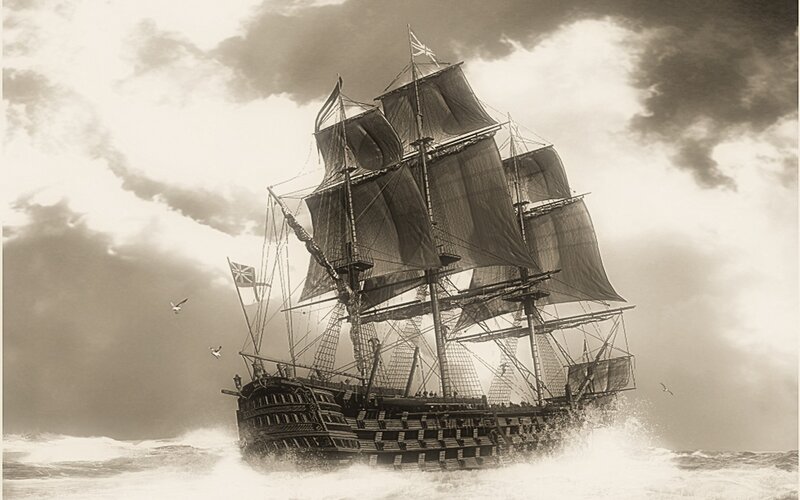 Sailing ship in stormy sea