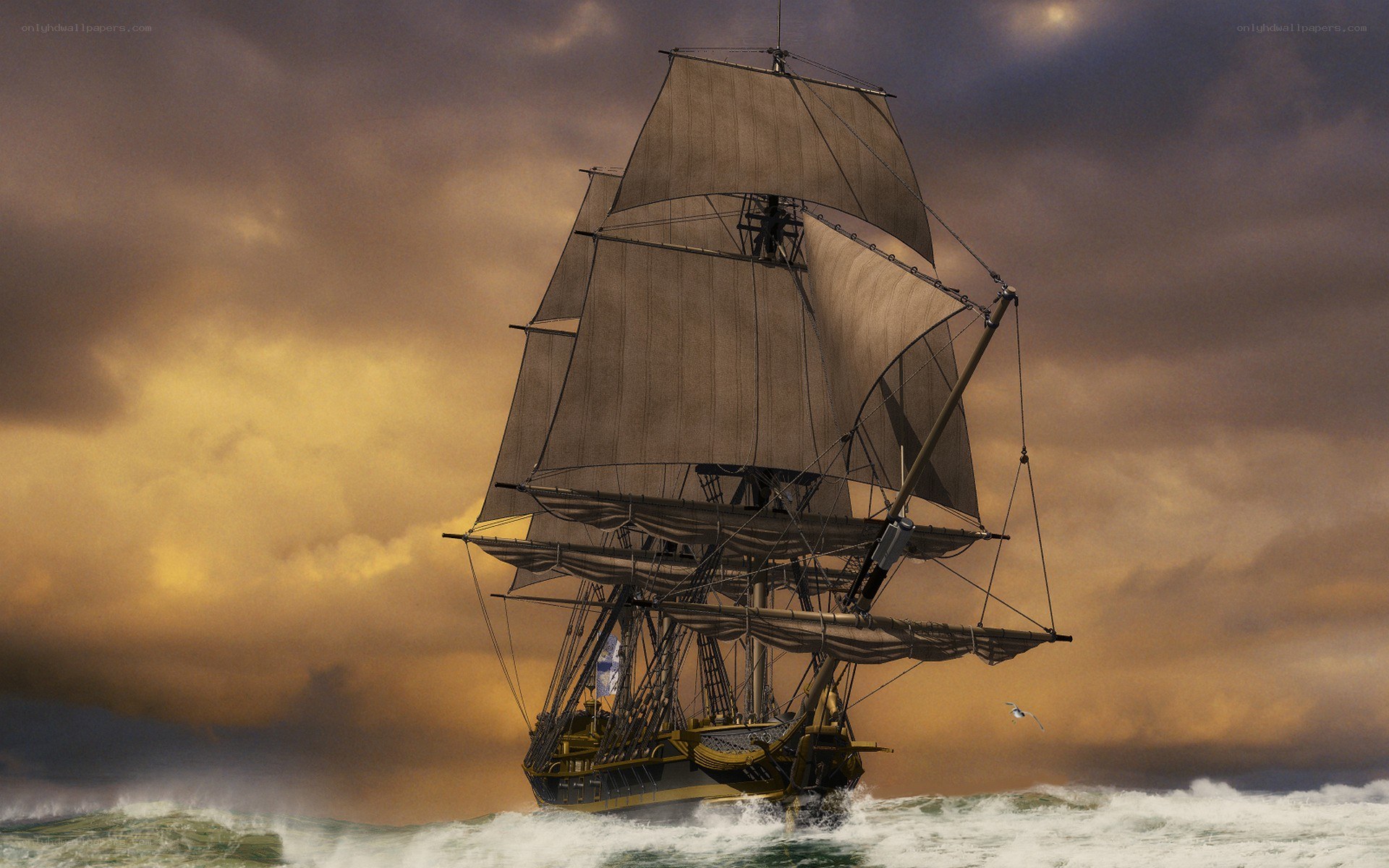 Sailing ship in stormy sea