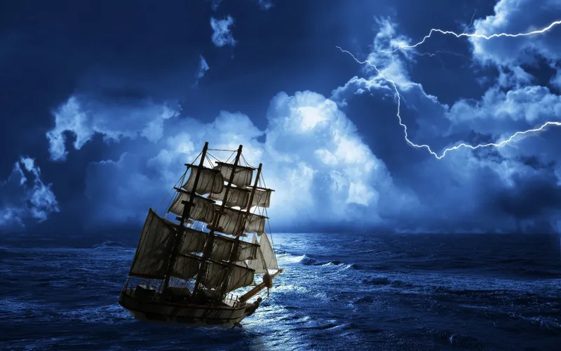 Sailing ship in stormy sea
