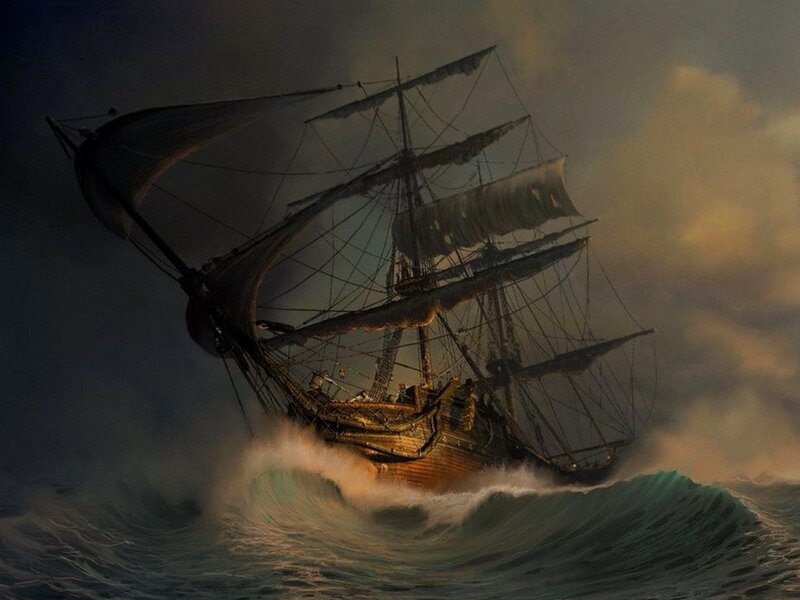 Sailing ship in stormy sea