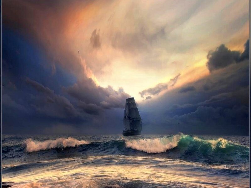 Sailing ship in stormy sea