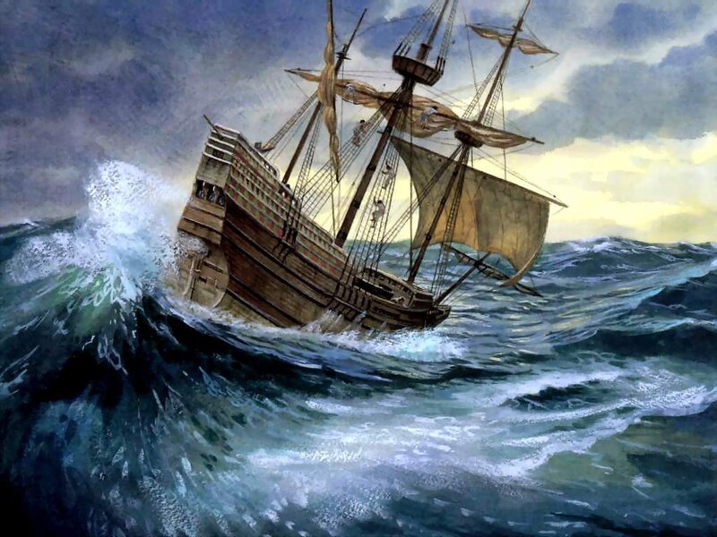 Sailing ship in stormy sea