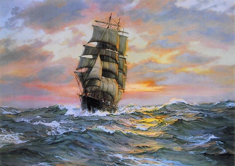 Sailing Ship in Stormy Sea — Blue