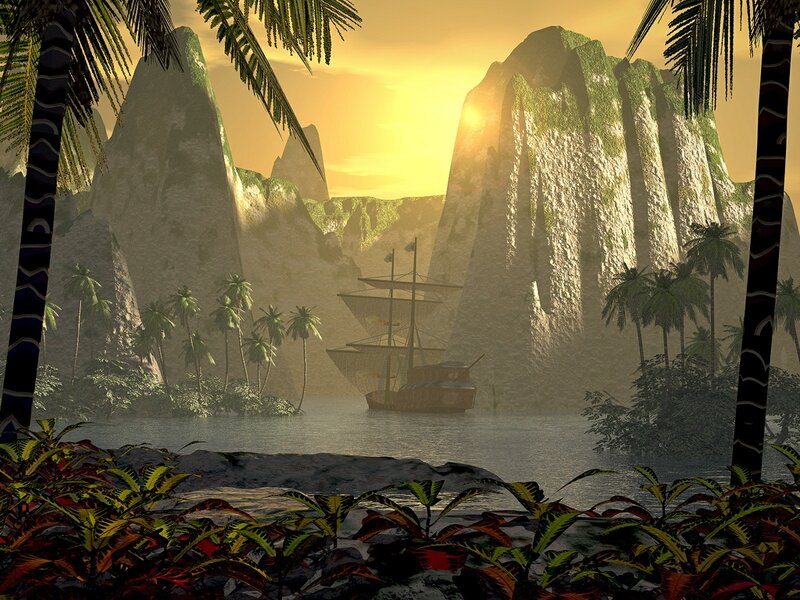 Sailing Ship in Tropical Bay — Yellow, Serene