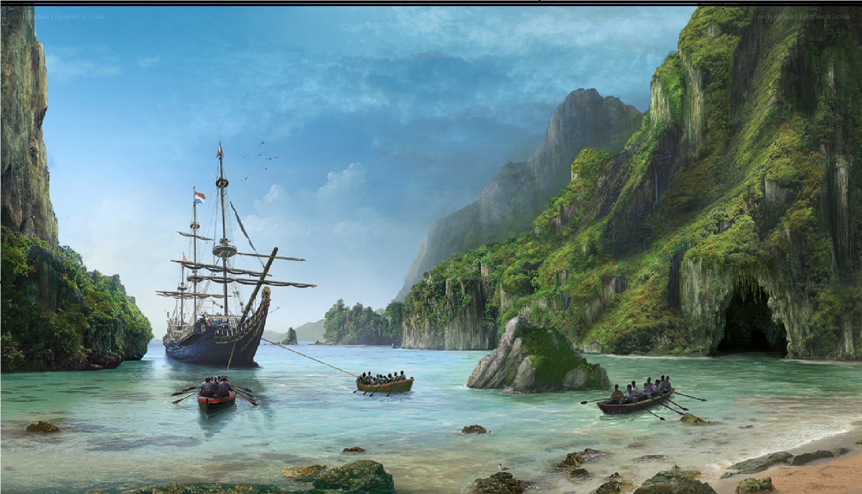 Sailing ship in tropical bay