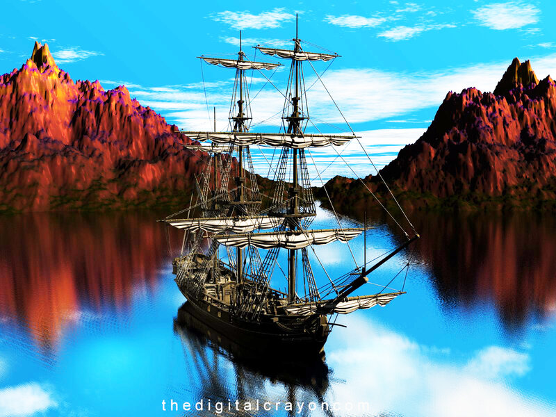 Sailing Ship in Water — Blue, Serene
