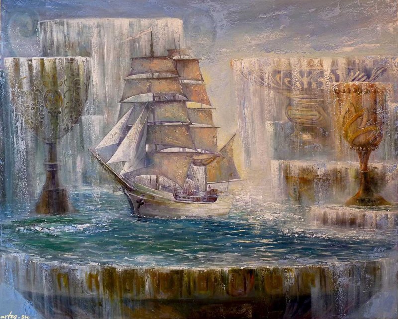 Sailing Ship in Water — Blue