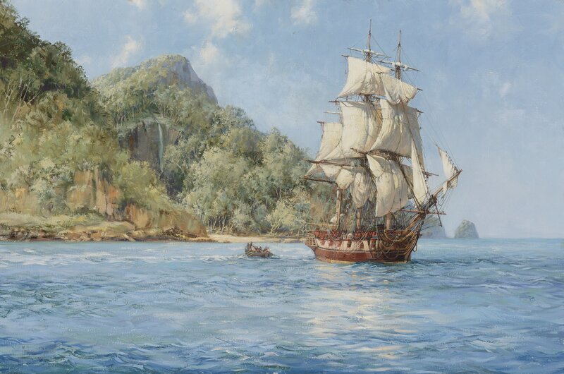 Sailing ship near a tropical island